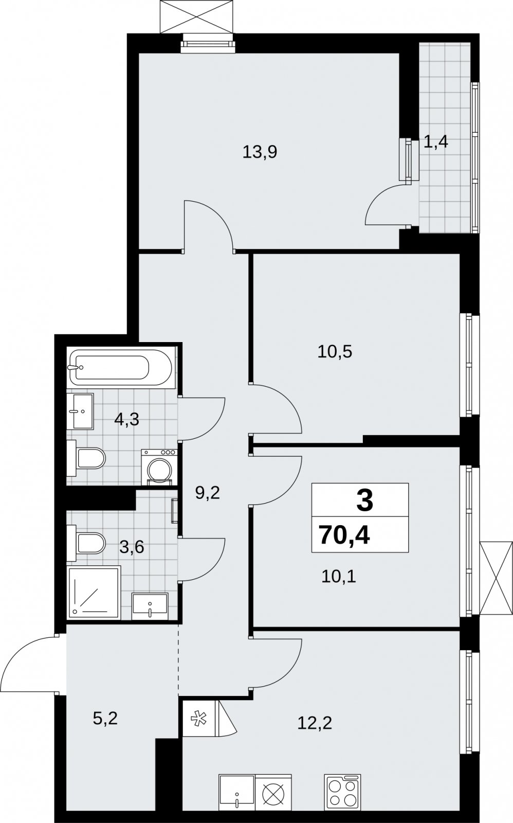 3-комнатная квартира без отделки, 70.4 м2, 12 этаж, сдача 2 квартал 2026 г., ЖК Дзен-кварталы, корпус 6.1.1 - объявление 2327200 - фото №1