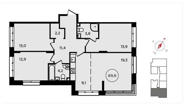 4-комнатная квартира (евро) с частичной отделкой, 89.8 м2, 2 этаж, сдача 3 квартал 2024 г., ЖК Скандинавия, корпус 2.22.3 - объявление 1625548 - фото №1