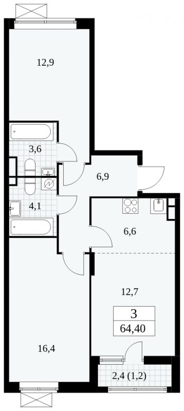 3-комнатная квартира (евро) без отделки, 64.4 м2, 3 этаж, сдача 1 квартал 2025 г., ЖК Прокшино, корпус 5.1.3 - объявление 2371971 - фото №1