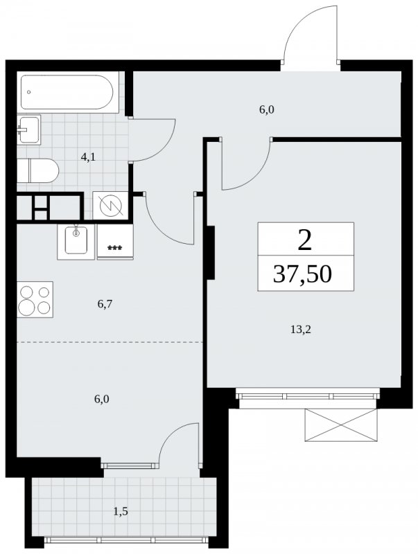2-комнатная квартира (евро) без отделки, 37.5 м2, 18 этаж, сдача 4 квартал 2024 г., ЖК Бунинские кварталы, корпус 2.5 - объявление 1882807 - фото №1