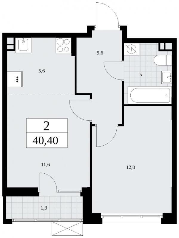 2-комнатная квартира (евро) без отделки, 40.4 м2, 3 этаж, сдача 1 квартал 2025 г., ЖК Бунинские кварталы, корпус 2.3 - объявление 1882553 - фото №1