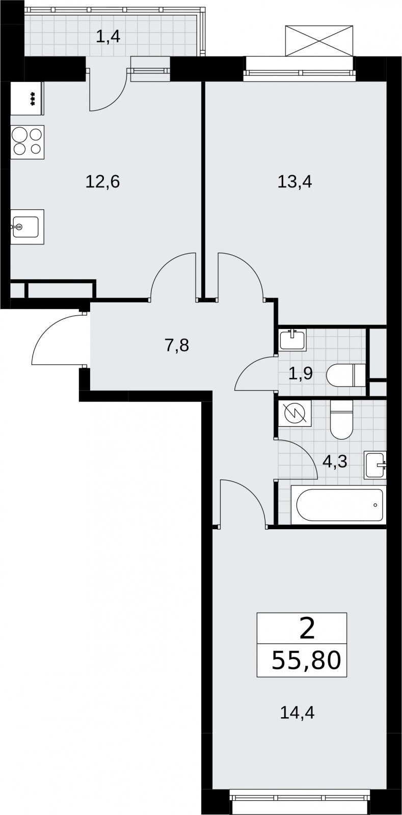 2-комнатная квартира без отделки, 55.8 м2, 3 этаж, сдача 3 квартал 2026 г., ЖК Родные кварталы, корпус 2 - объявление 2295564 - фото №1