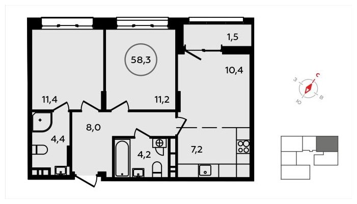 3-комнатная квартира (евро) без отделки, 58.3 м2, 5 этаж, сдача 3 квартал 2024 г., ЖК Скандинавия, корпус 2.22.2 - объявление 1625364 - фото №1