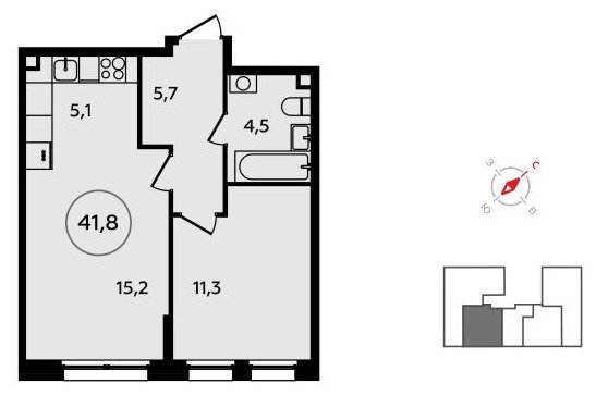 2-комнатная квартира (евро) без отделки, 41.8 м2, 2 этаж, сдача 3 квартал 2023 г., ЖК Прокшино, корпус 4.6 - объявление 1498773 - фото №1