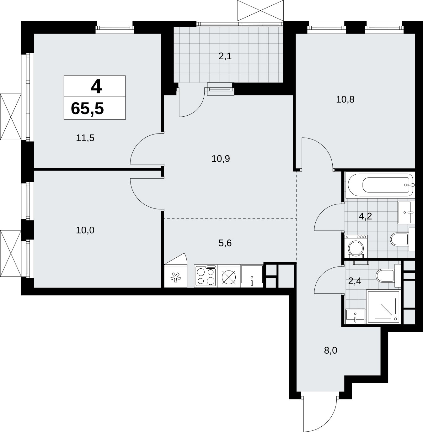 4-комнатная квартира (евро) без отделки, 65.5 м2, 14 этаж, сдача 4 квартал 2026 г., ЖК Скандинавия, корпус 2.18.1.2 - объявление 2350739 - фото №1