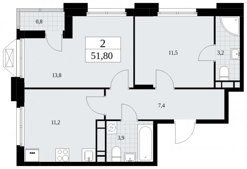 2-комнатная квартира с частичной отделкой, 51.8 м2, 13 этаж, сдача 4 квартал 2024 г., ЖК Бунинские кварталы, корпус 1.2 - объявление 1834536 - фото №1