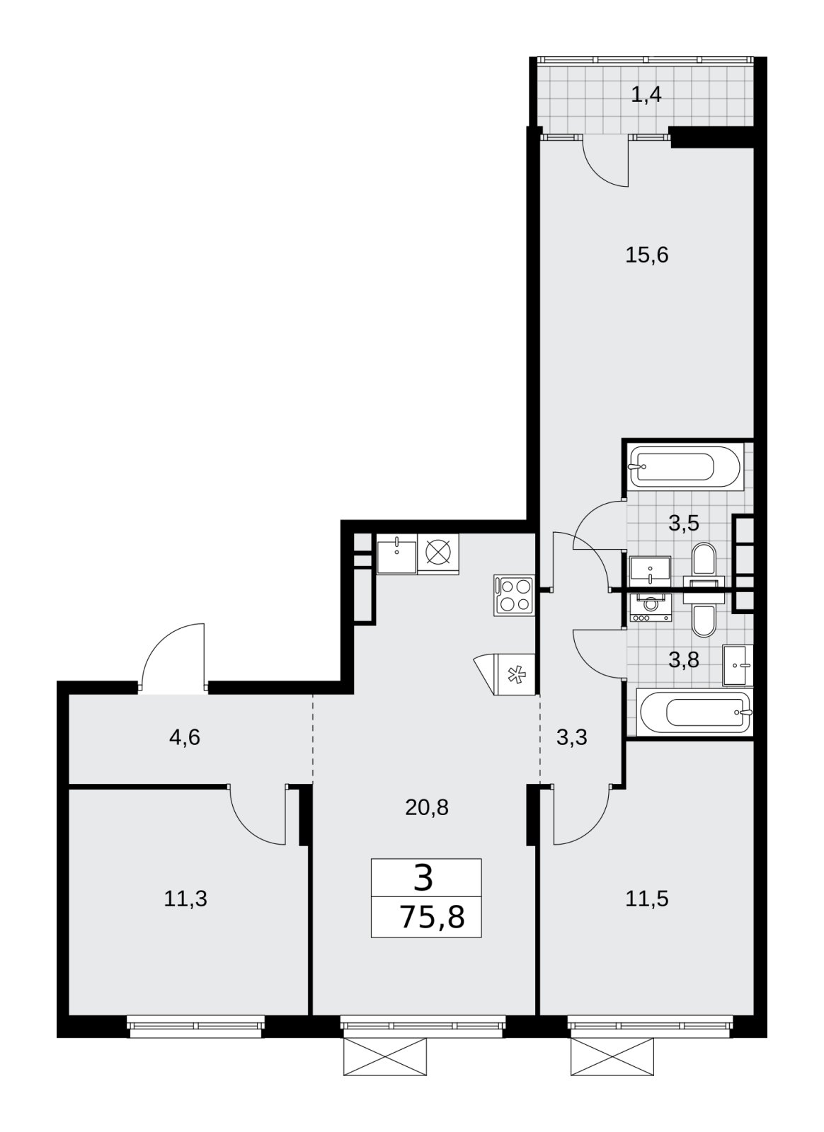 3-комнатная квартира без отделки, 75.8 м2, 9 этаж, сдача 1 квартал 2026 г., ЖК Деснаречье, корпус 4.2 - объявление 2263565 - фото №1