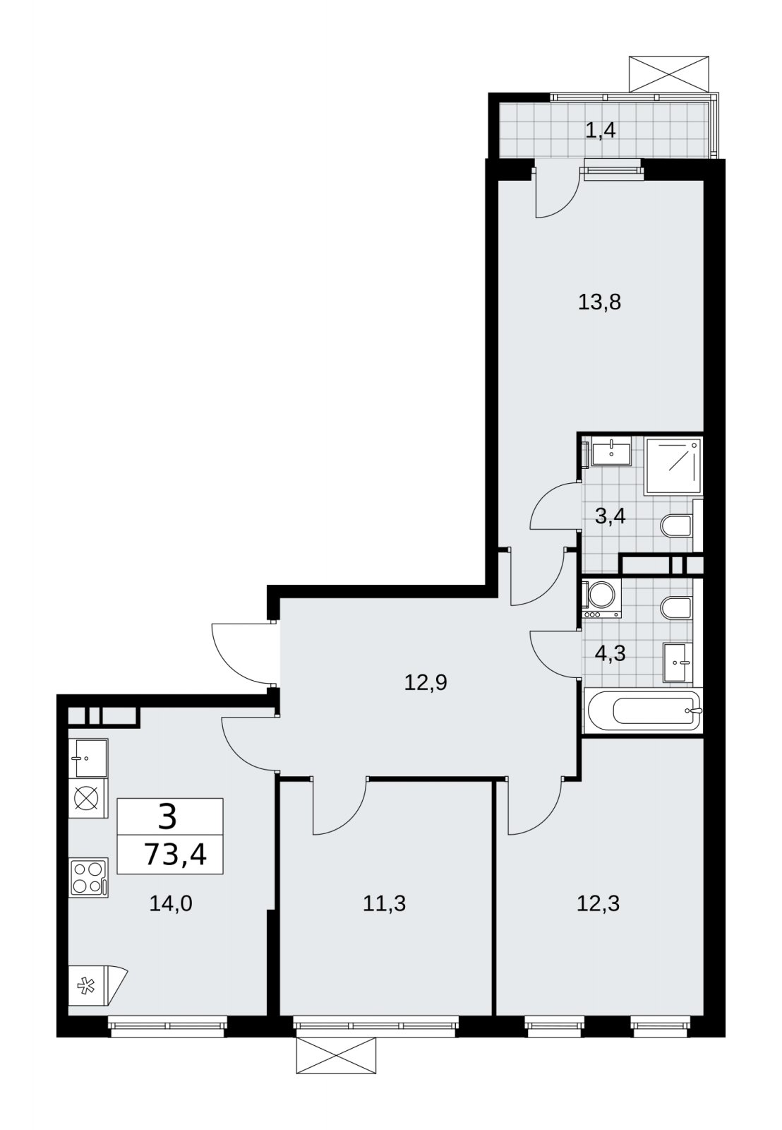 3-комнатная квартира без отделки, 73.4 м2, 6 этаж, сдача 1 квартал 2026 г., ЖК Прокшино, корпус 11.2.1 - объявление 2269857 - фото №1