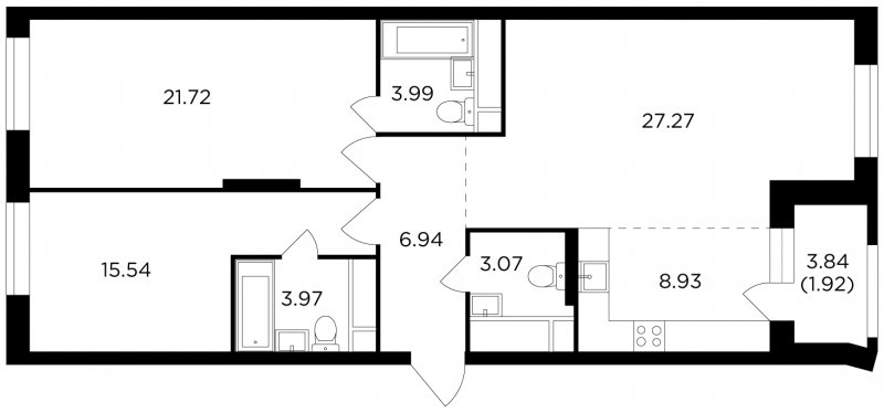 3-комнатная квартира без отделки, 93.35 м2, 27 этаж, сдача 2 квартал 2022 г., ЖК КутузовGRAD 2, корпус 5 - объявление 1748597 - фото №1