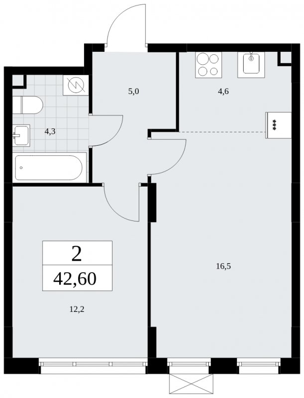 2-комнатная квартира (евро) без отделки, 42.6 м2, 2 этаж, сдача 2 квартал 2025 г., ЖК Дзен-кварталы, корпус 2.4 - объявление 1932687 - фото №1