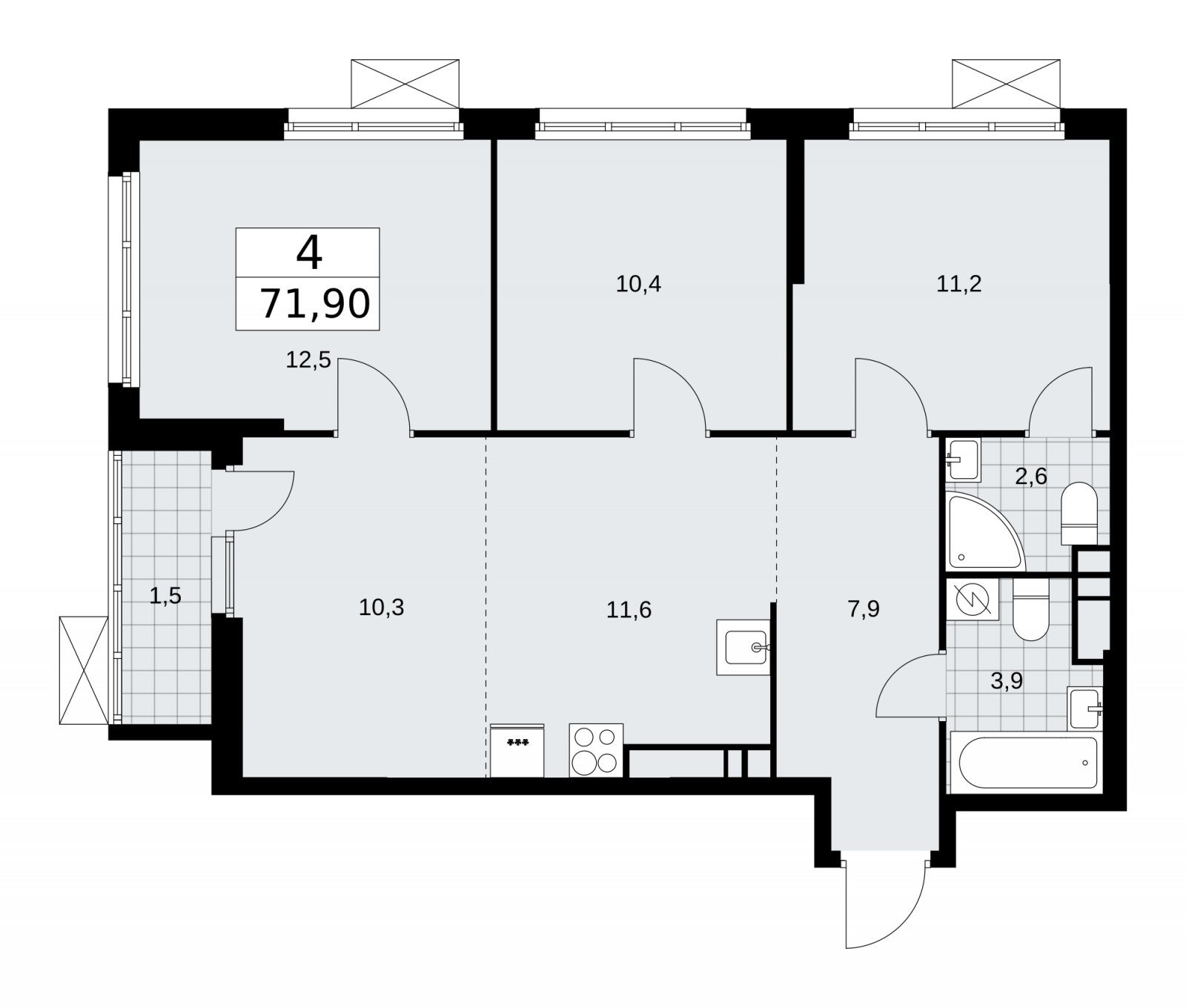 4-комнатная квартира (евро) без отделки, 71.9 м2, 17 этаж, сдача 3 квартал 2025 г., ЖК Бунинские кварталы, корпус 3.2 - объявление 2151945 - фото №1
