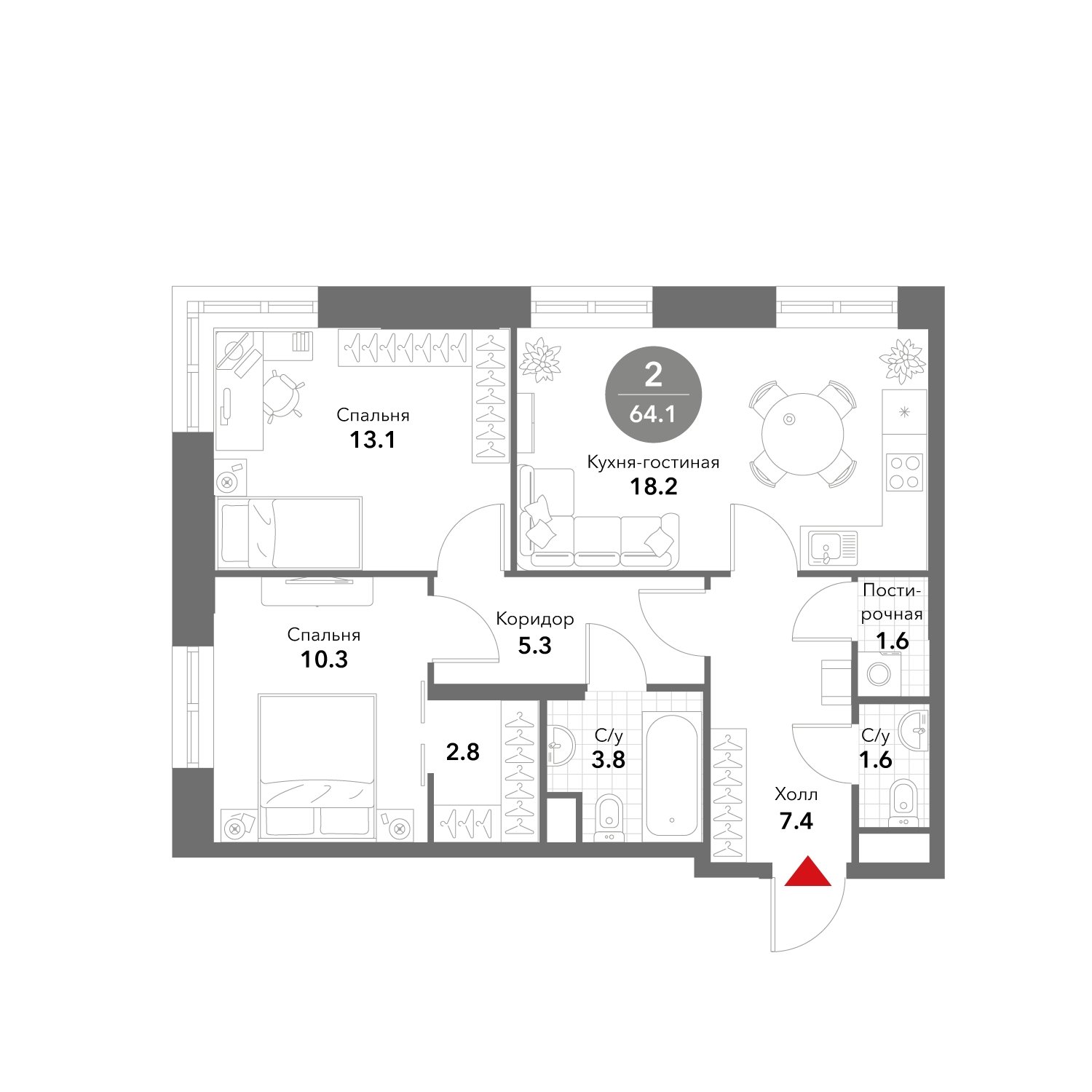2-комнатные апартаменты без отделки, 64.1 м2, 10 этаж, сдача 3 квартал 2025 г., ЖК VOXHALL, корпус 4 - объявление 1981775 - фото №1