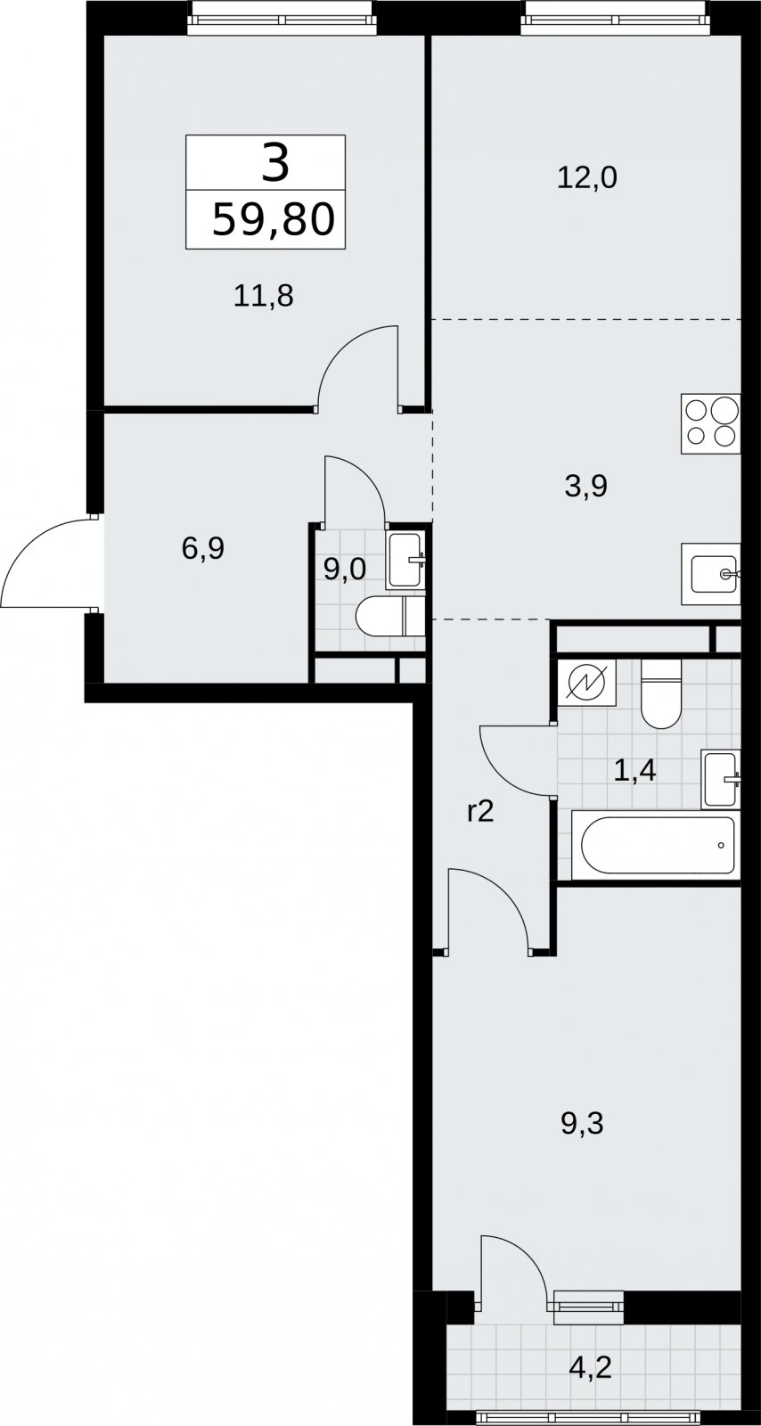 3-комнатная квартира (евро) с полной отделкой, 59.8 м2, 5 этаж, сдача 4 квартал 2026 г., ЖК Родные кварталы, корпус 1.2 - объявление 2317769 - фото №1