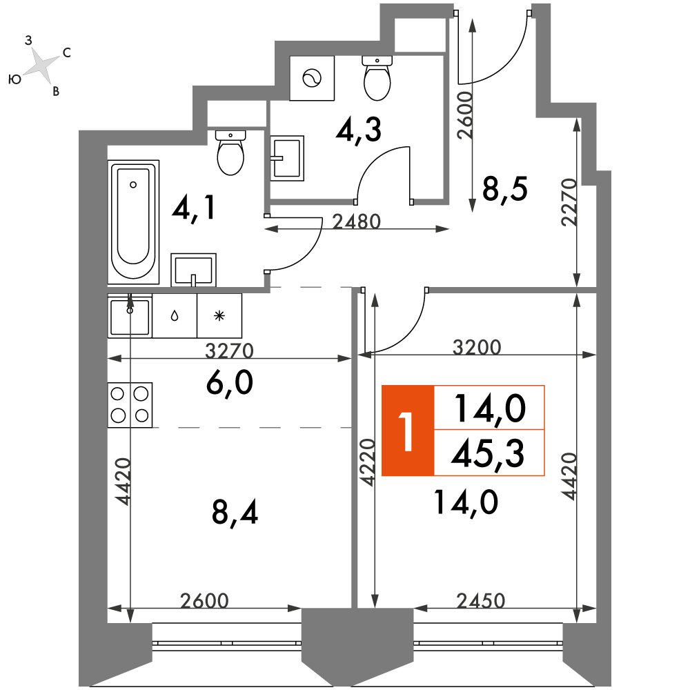 1-комнатная квартира без отделки, 45.3 м2, 37 этаж, дом сдан, ЖК Архитектор, корпус 3 - объявление 2384404 - фото №1