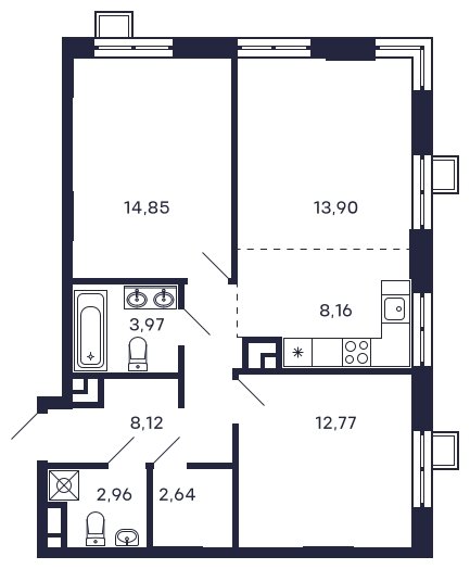 2-комнатная квартира без отделки, 67.37 м2, 13 этаж, сдача 2 квартал 2025 г., ЖК Квартал Тетрис, корпус "Квартал Тетрис 2.1" - объявление 2001722 - фото №1