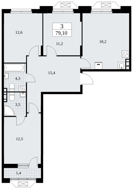 3-комнатная квартира без отделки, 79.1 м2, 5 этаж, сдача 1 квартал 2025 г., ЖК Бунинские кварталы, корпус 1.3 - объявление 1834723 - фото №1