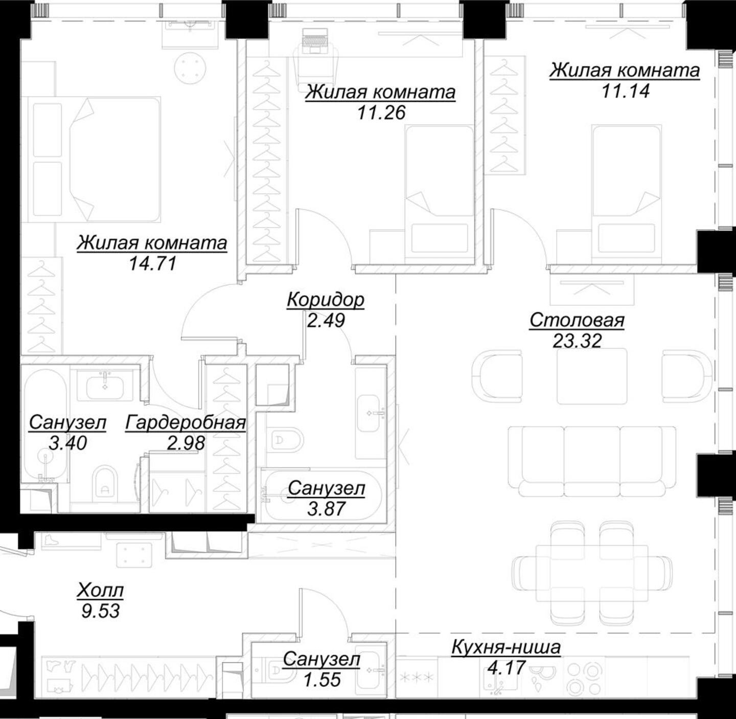 3-комнатная квартира с частичной отделкой, 88.2 м2, 30 этаж, сдача 4 квартал 2024 г., ЖК MOD, корпус Mann - объявление 2193775 - фото №1