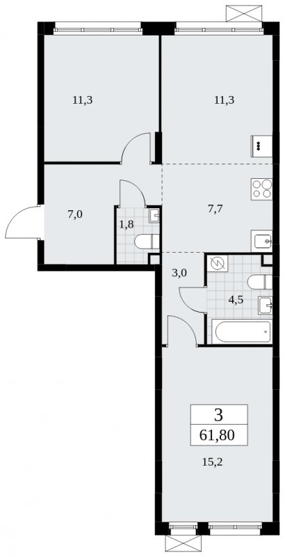 3-комнатная квартира (евро) с частичной отделкой, 61.8 м2, 2 этаж, сдача 3 квартал 2025 г., ЖК Дзен-кварталы, корпус 2.2 - объявление 1932341 - фото №1