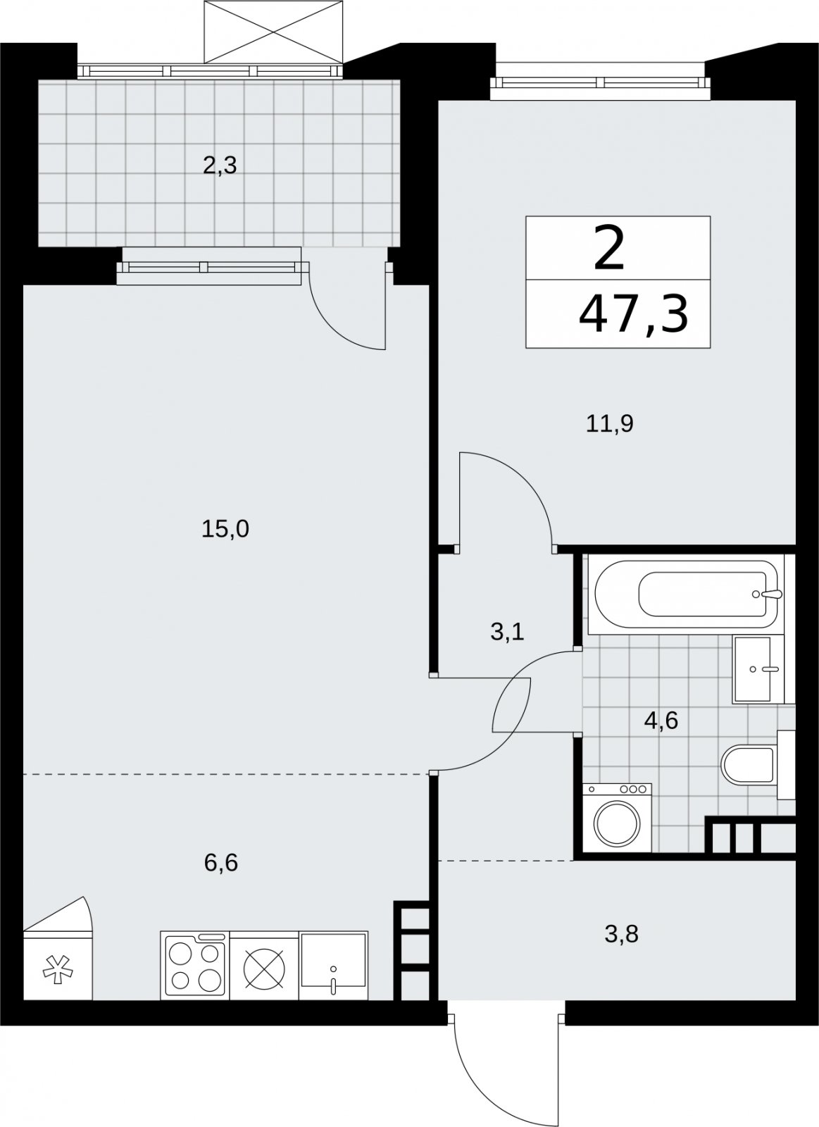 2-комнатная квартира (евро) без отделки, 47.3 м2, 9 этаж, сдача 2 квартал 2026 г., ЖК Бунинские кварталы, корпус 5.2 - объявление 2297369 - фото №1
