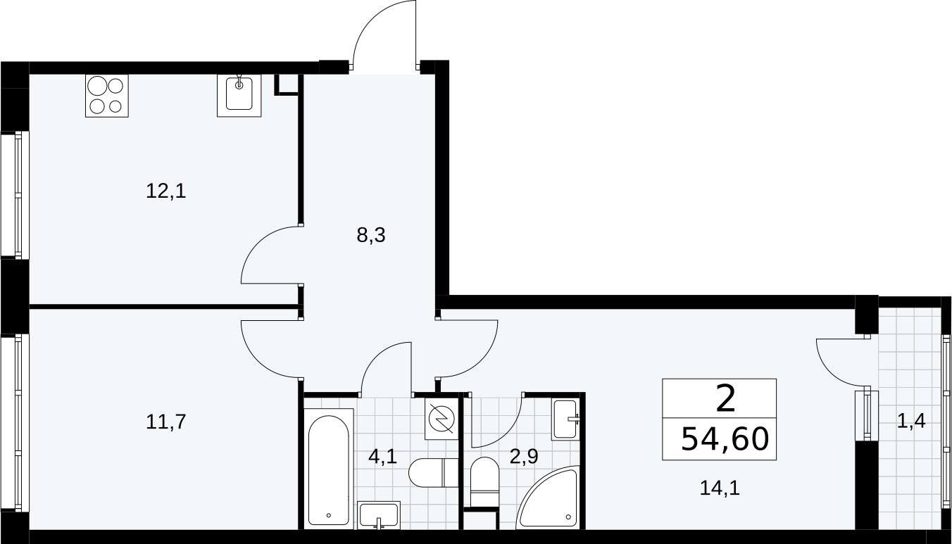 2-комнатная квартира с полной отделкой, 54.6 м2, 2 этаж, сдача 4 квартал 2026 г., ЖК Родные кварталы, корпус 1.2 - объявление 2317965 - фото №1