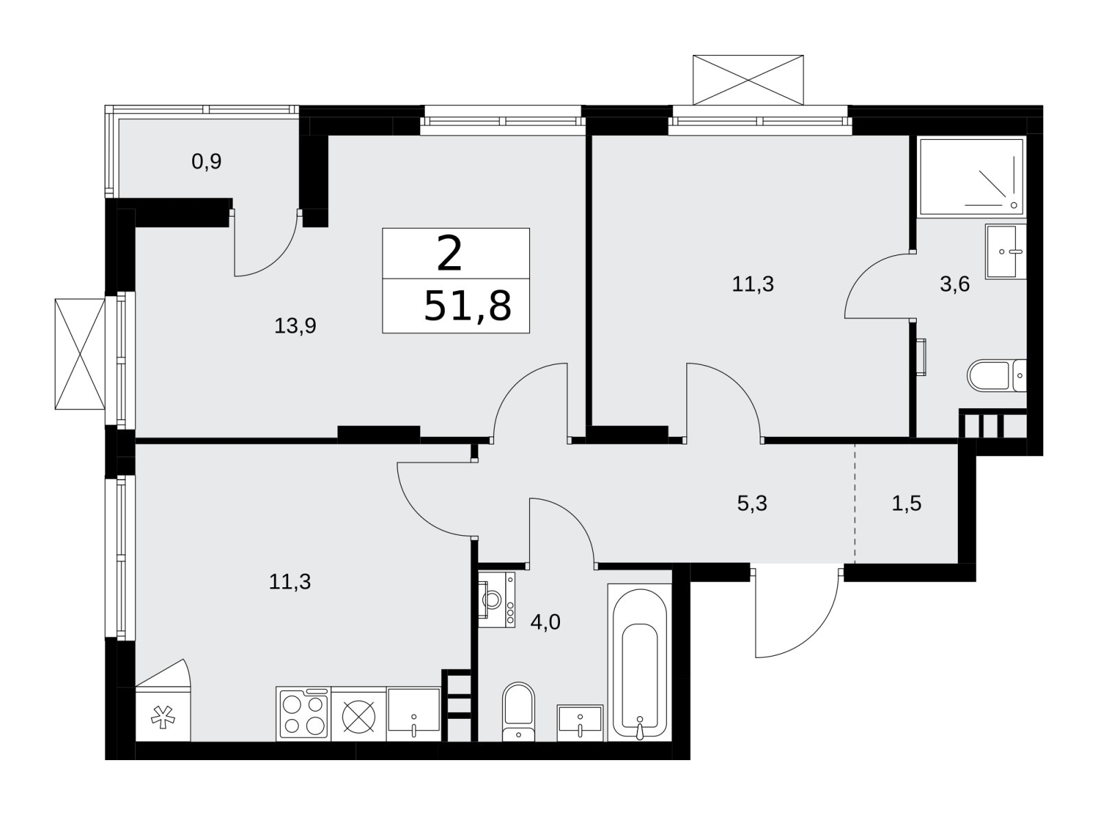 2-комнатная квартира без отделки, 51.8 м2, 9 этаж, сдача 1 квартал 2026 г., ЖК Деснаречье, корпус 4.1 - объявление 2263300 - фото №1
