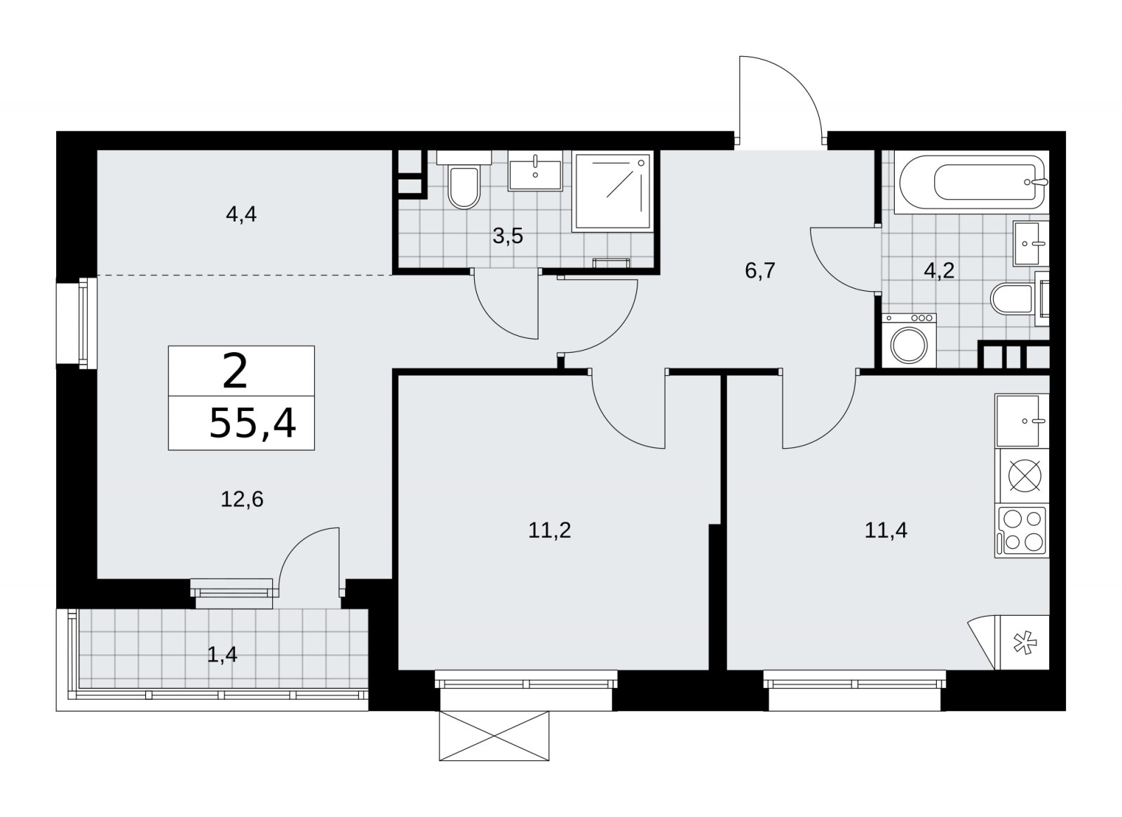 2-комнатная квартира без отделки, 55.4 м2, 3 этаж, сдача 2 квартал 2026 г., ЖК Скандинавия, корпус 25.5 - объявление 2283618 - фото №1