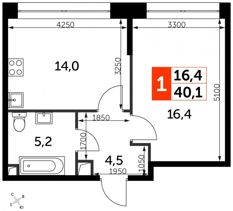 1-комнатная квартира с полной отделкой, 40.1 м2, 15 этаж, сдача 3 квартал 2024 г., ЖК Sydney City, корпус 2.1 - объявление 1762377 - фото №1