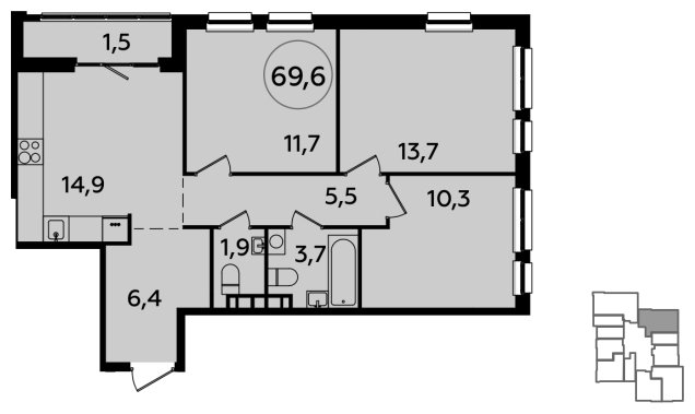3-комнатная квартира с полной отделкой, 69.6 м2, 19 этаж, сдача 2 квартал 2024 г., ЖК Южные сады, корпус 1.1 - объявление 1512051 - фото №1