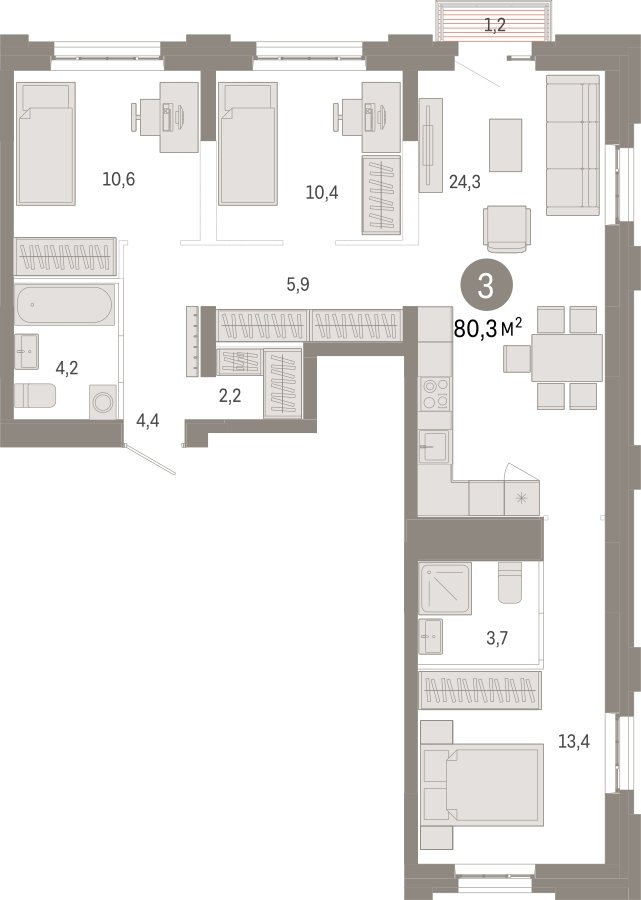 3-комнатная квартира с частичной отделкой, 80.3 м2, 4 этаж, сдача 3 квартал 2026 г., ЖК Квартал Метроном, корпус 1 - объявление 2331009 - фото №1