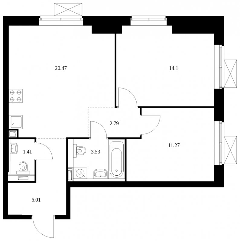 2-комнатная квартира с полной отделкой, 60.1 м2, 25 этаж, сдача 2 квартал 2023 г., ЖК Новохохловская 15, корпус 2 - объявление 1967871 - фото №1