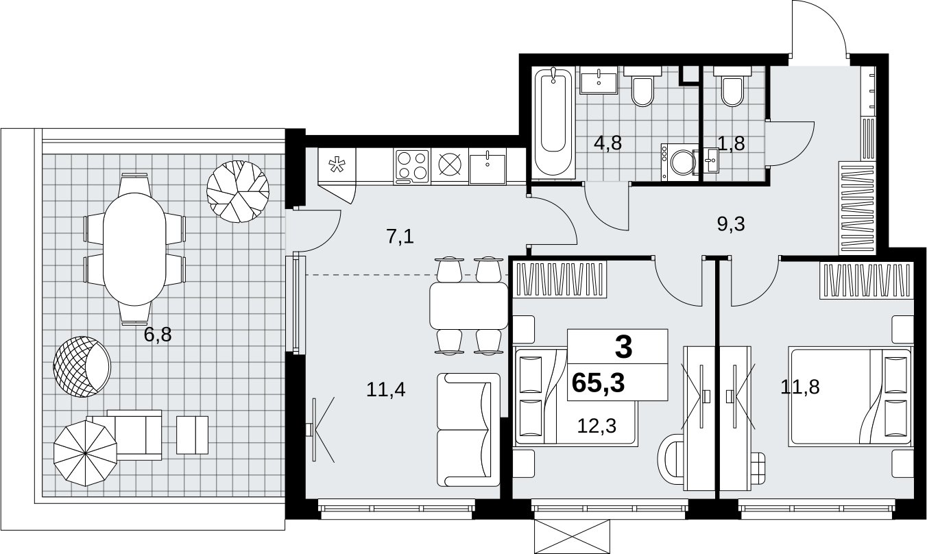 3-комнатная квартира (евро) без отделки, 65.3 м2, 2 этаж, сдача 4 квартал 2026 г., ЖК Скандинавия, корпус 2.18.2.4 - объявление 2351478 - фото №1