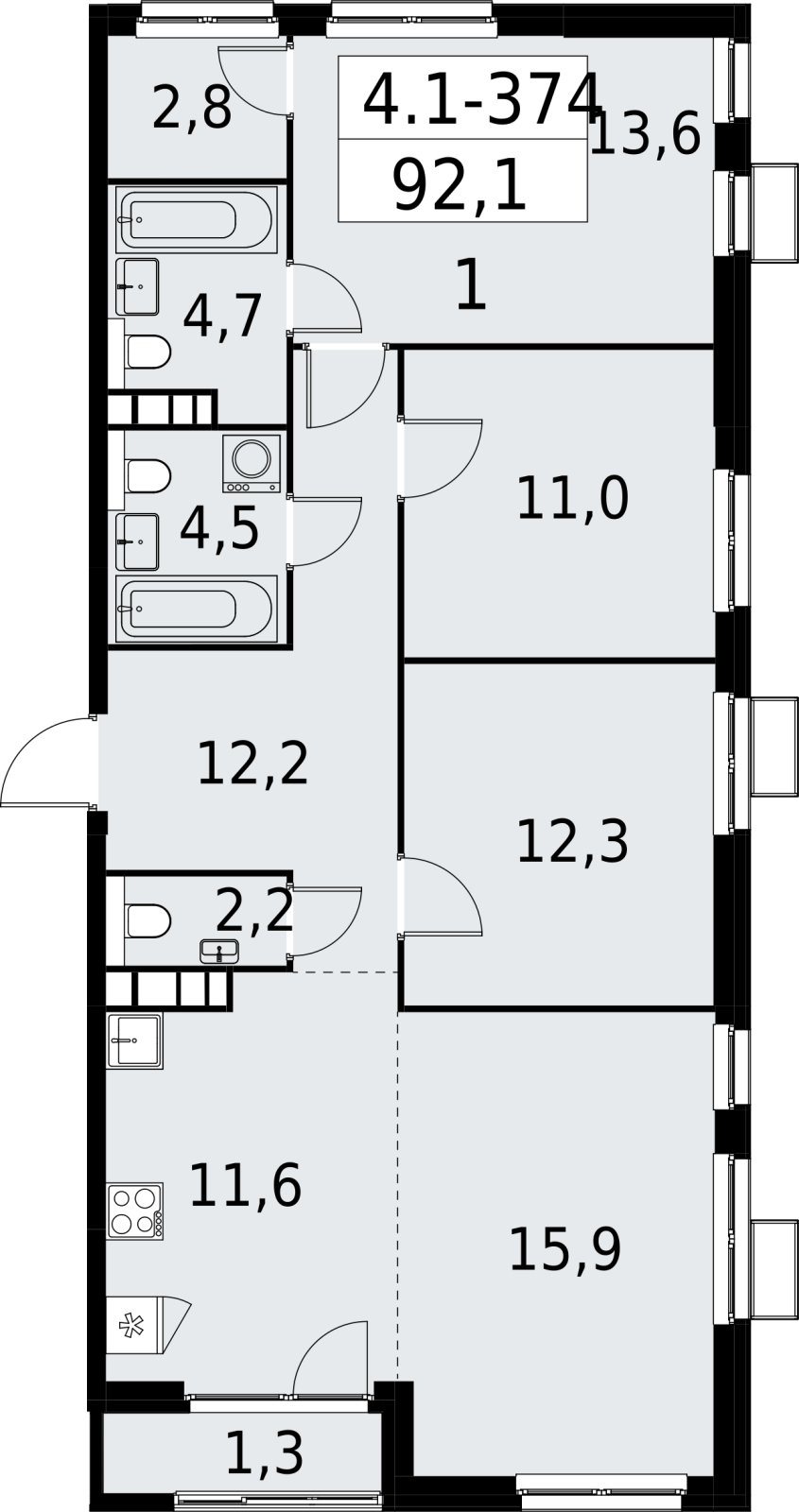 4-комнатная квартира (евро) с полной отделкой, 92.1 м2, 23 этаж, сдача 2 квартал 2027 г., ЖК Южные сады, корпус 4.1.2 - объявление 2392880 - фото №1