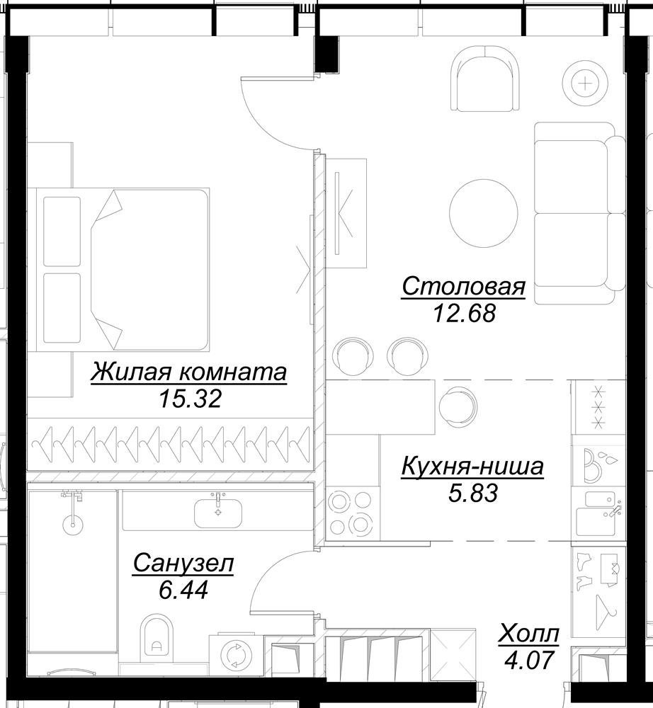 1-комнатная квартира с частичной отделкой, 44.34 м2, 52 этаж, сдача 4 квартал 2024 г., ЖК MOD, корпус Mann - объявление 2332053 - фото №1