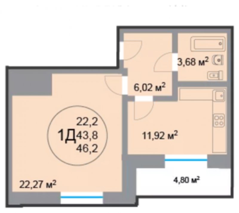 1-комнатная квартира 46.3 м2, 3 этаж, дом сдан, ЖК 28 микрорайон, корпус 2 - объявление 1348835 - фото №1