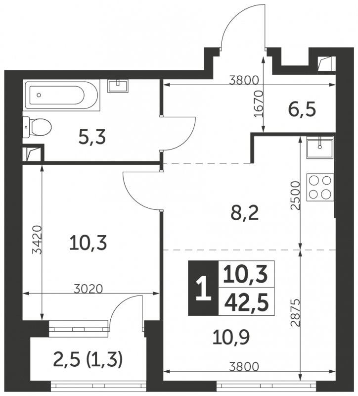 1-комнатная квартира с частичной отделкой, 42.5 м2, 8 этаж, сдача 4 квартал 2023 г., ЖК Архитектор, корпус 1 - объявление 1862192 - фото №1