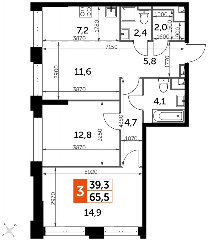 3-комнатная квартира с частичной отделкой, 65.5 м2, 26 этаж, сдача 1 квартал 2023 г., ЖК Sydney City, корпус 3 - объявление 1658327 - фото №1