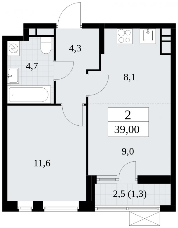 2-комнатная квартира (евро) без отделки, 39 м2, 9 этаж, сдача 1 квартал 2025 г., ЖК Прокшино, корпус 5.2.3 - объявление 1751404 - фото №1