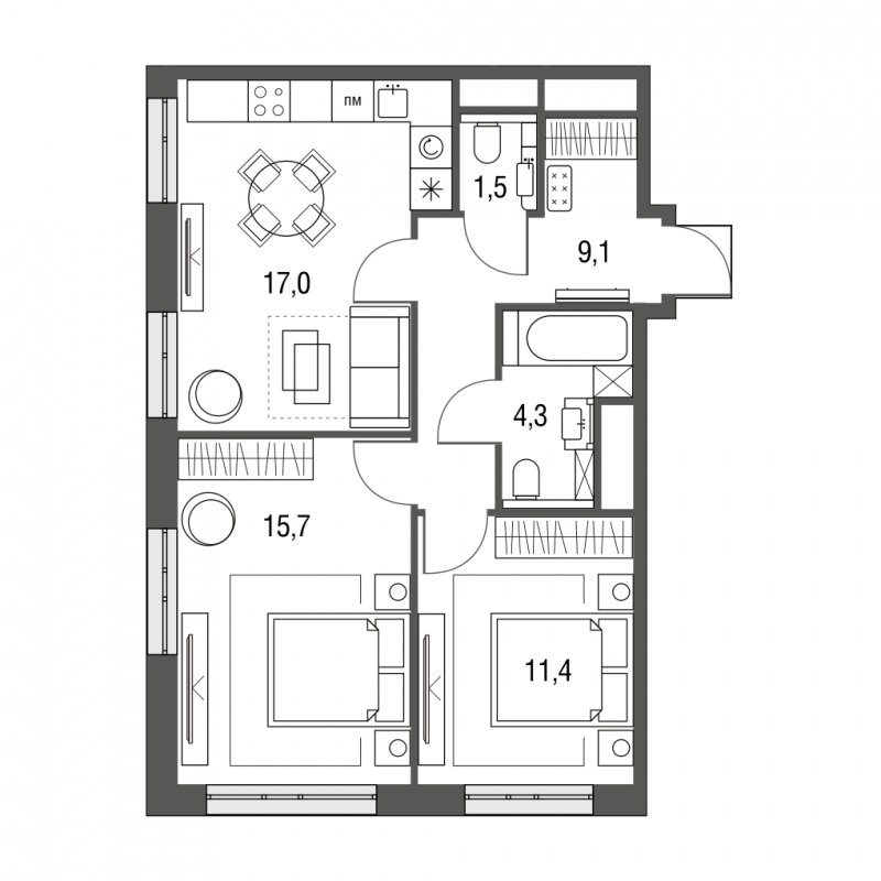 3-комнатная квартира (евро) без отделки, 59 м2, 22 этаж, сдача 1 квартал 2024 г., ЖК Сиреневый Парк, корпус 31 - объявление 1952469 - фото №1