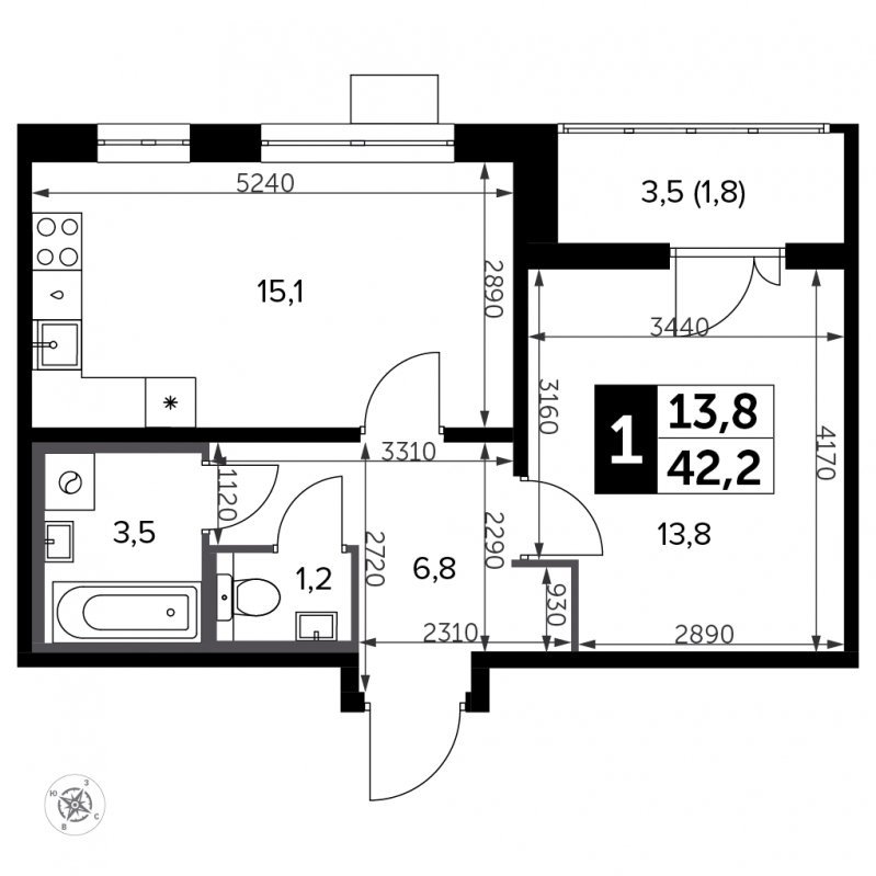 1-комнатная квартира с частичной отделкой, 42.2 м2, 14 этаж, сдача 3 квартал 2023 г., ЖК Южная Битца, корпус 11 - объявление 1947098 - фото №1