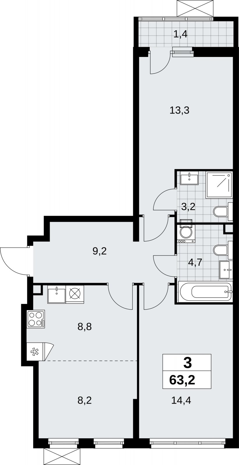 3-комнатная квартира (евро) без отделки, 63.2 м2, 2 этаж, сдача 1 квартал 2026 г., ЖК Дзен-кварталы, корпус 6.2.1 - объявление 2328309 - фото №1