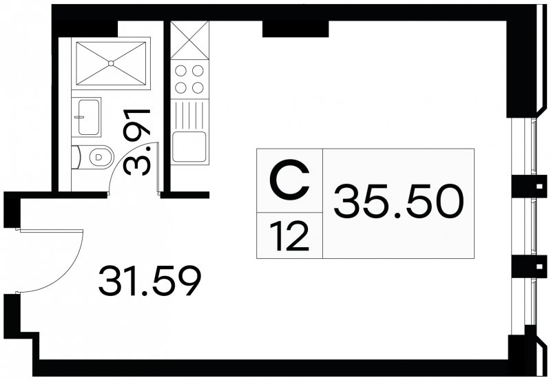 Студия с частичной отделкой, 35.5 м2, 3 этаж, сдача 3 квартал 2024 г., ЖК GloraX Aura Белорусская, корпус 1 - объявление 1708707 - фото №1