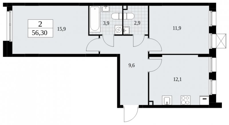 2-комнатная квартира с полной отделкой, 56.3 м2, 2 этаж, сдача 2 квартал 2025 г., ЖК Бунинские кварталы, корпус 1.2 - объявление 1834402 - фото №1