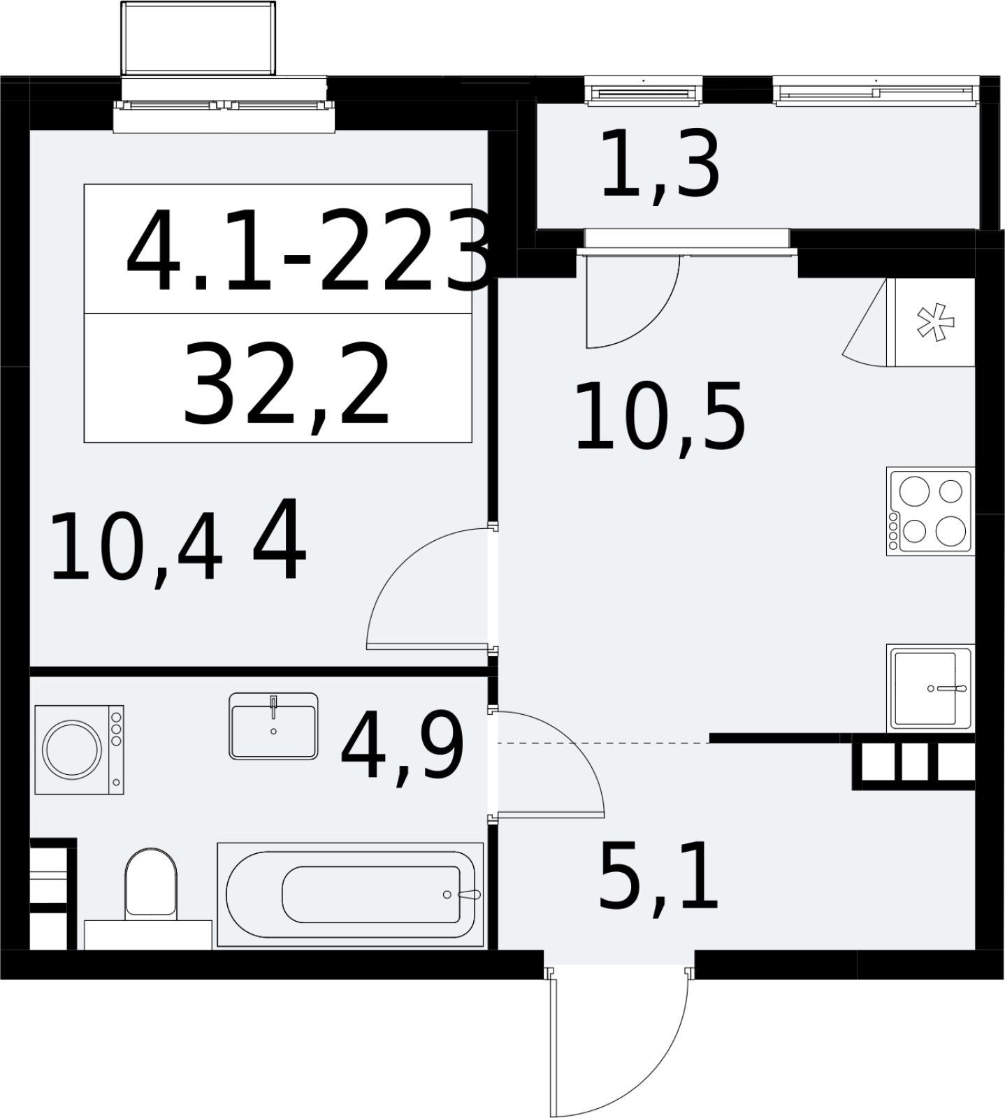 1-комнатная квартира с полной отделкой, 32.2 м2, 5 этаж, сдача 2 квартал 2027 г., ЖК Южные сады, корпус 4.1.2 - объявление 2392742 - фото №1