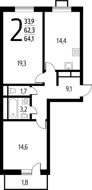 2-комнатная квартира с полной отделкой, 64.1 м2, 2 этаж, сдача 1 квартал 2025 г., ЖК Новые Ватутинки. Заречный, корпус 5/2 - объявление 2271875 - фото №1