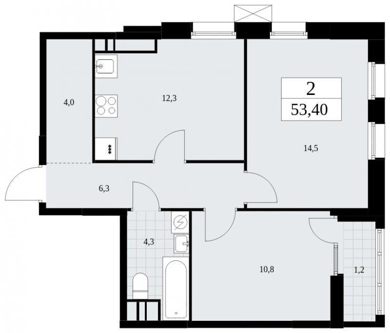2-комнатная квартира без отделки, 53.4 м2, 17 этаж, сдача 1 квартал 2025 г., ЖК Дзен-кварталы, корпус 1.3 - объявление 1896052 - фото №1