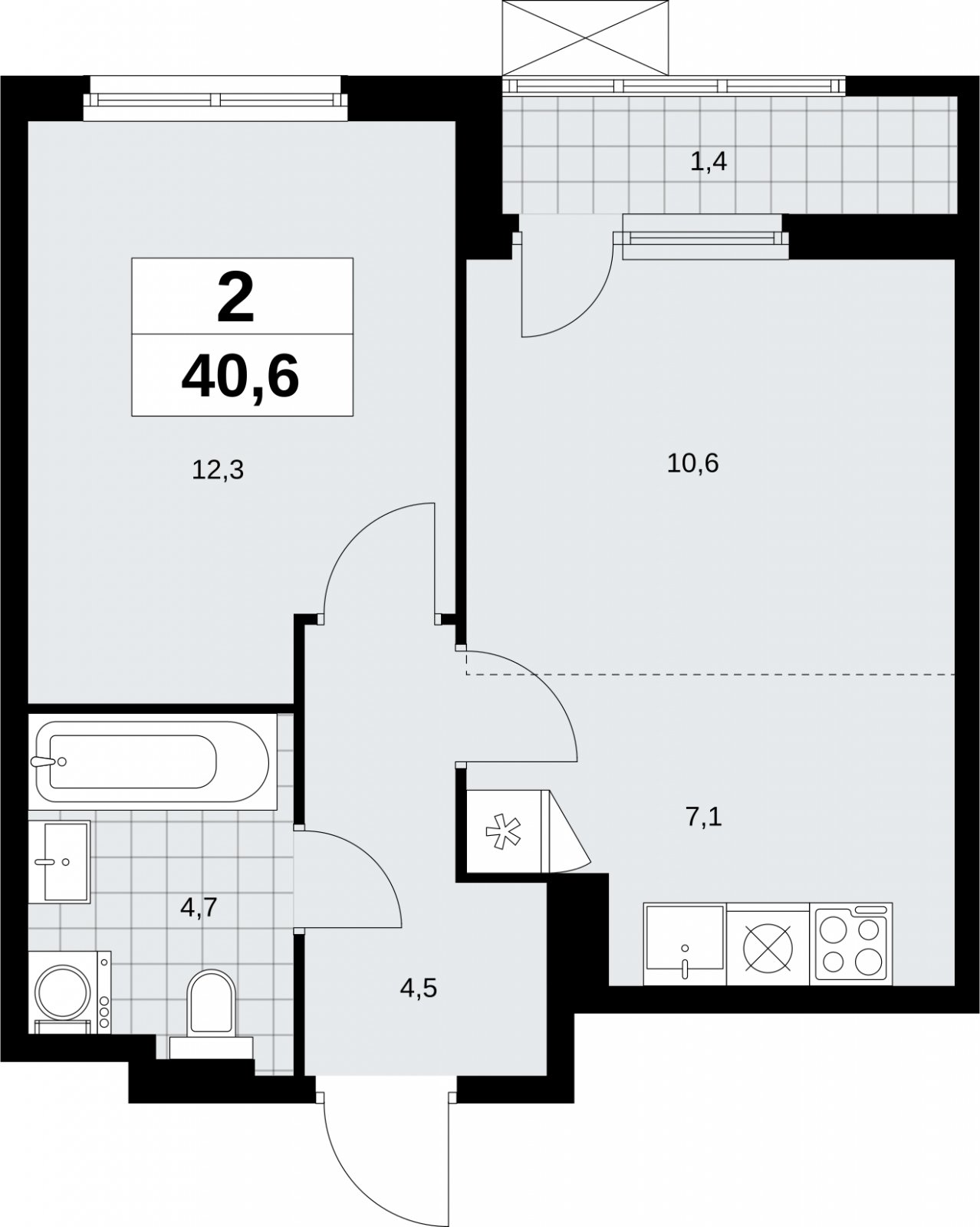 2-комнатная квартира (евро) без отделки, 40.6 м2, 3 этаж, сдача 1 квартал 2026 г., ЖК Дзен-кварталы, корпус 6.2.1 - объявление 2328313 - фото №1