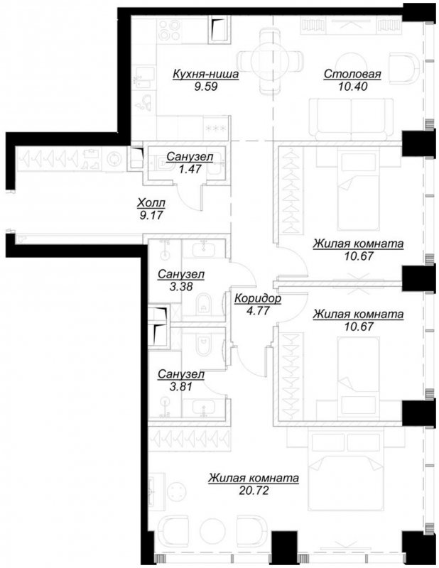 3-комнатная квартира с частичной отделкой, 84.42 м2, 11 этаж, сдача 4 квартал 2024 г., ЖК MOD, корпус Mod.D - объявление 1788485 - фото №1