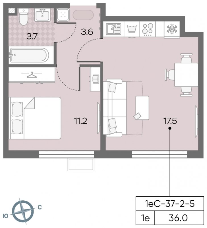 1-комнатная квартира с полной отделкой, 36 м2, 5 этаж, сдача 3 квартал 2024 г., ЖК Лучи, корпус 15 - объявление 1943571 - фото №1