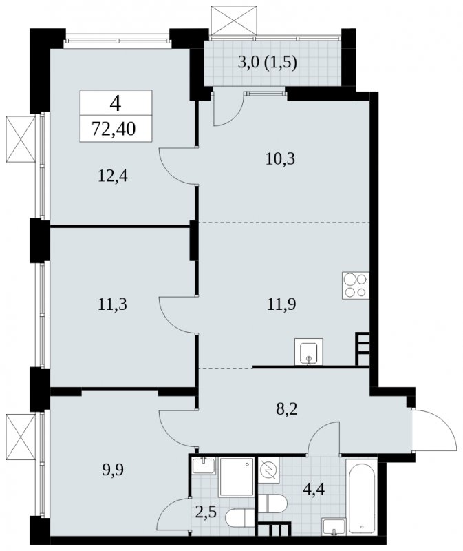 4-комнатная квартира (евро) с частичной отделкой, 72.4 м2, 3 этаж, сдача 4 квартал 2024 г., ЖК Скандинавия, корпус 2.27.1 - объявление 1840189 - фото №1