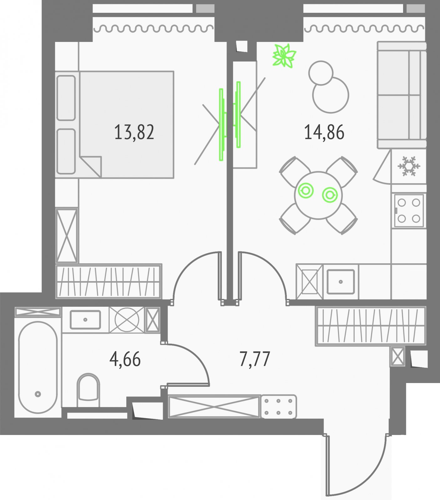 1-комнатная квартира без отделки, 41.11 м2, 7 этаж, сдача 2 квартал 2026 г., ЖК Upside Towers, корпус 1 - объявление 2326480 - фото №1